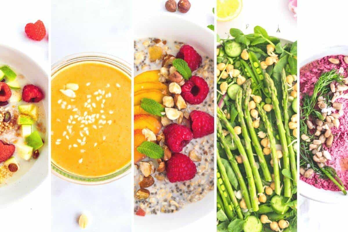 A mix of images from our recipes including asparagus salad, peanut dressing, breakfast bowls and dip.