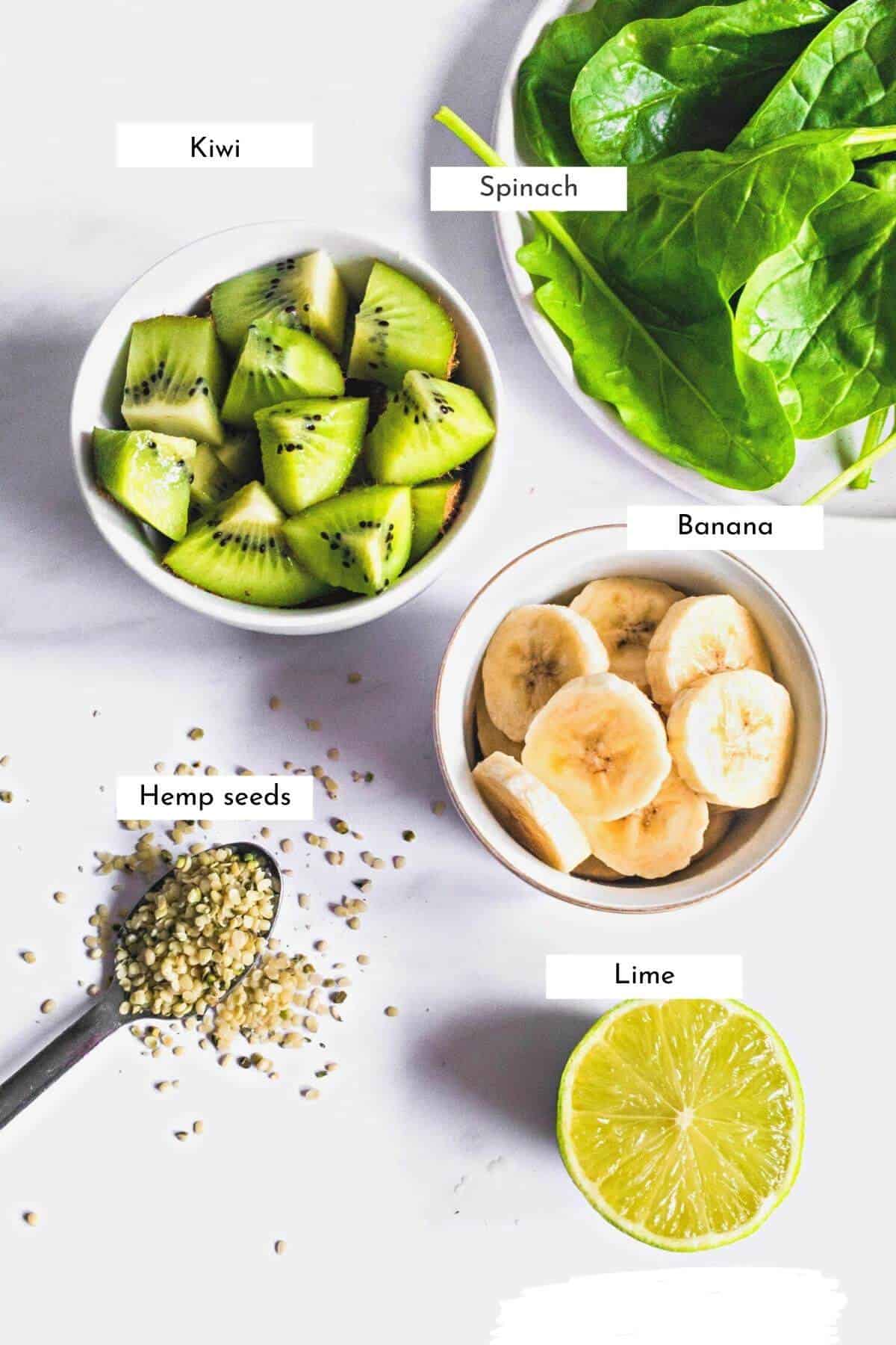 Labelled Kiwi lime smoothie recipe ingredients.