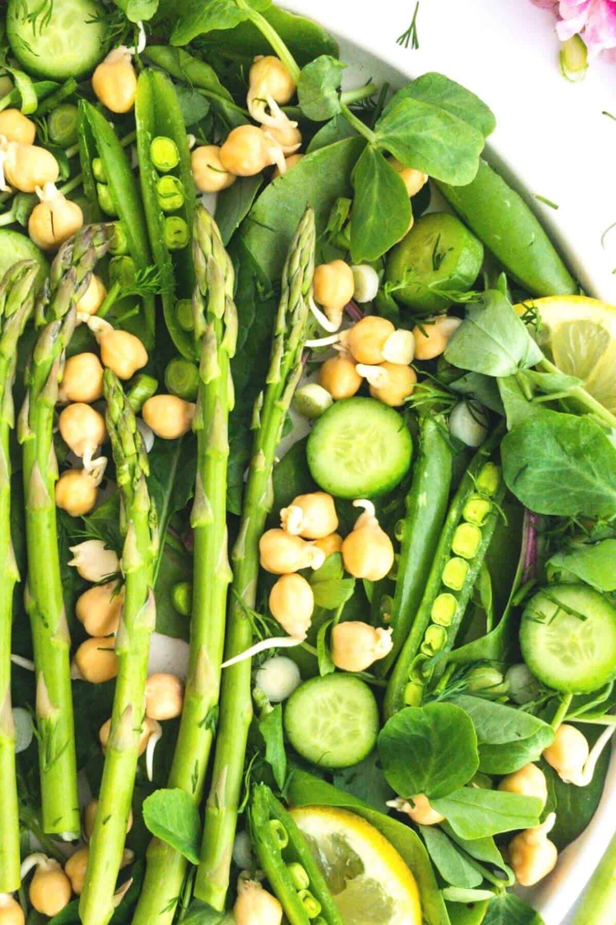 Close up of a plate with pea shoots, asparagus, peas, chickpea sprouts, and lemon slices.