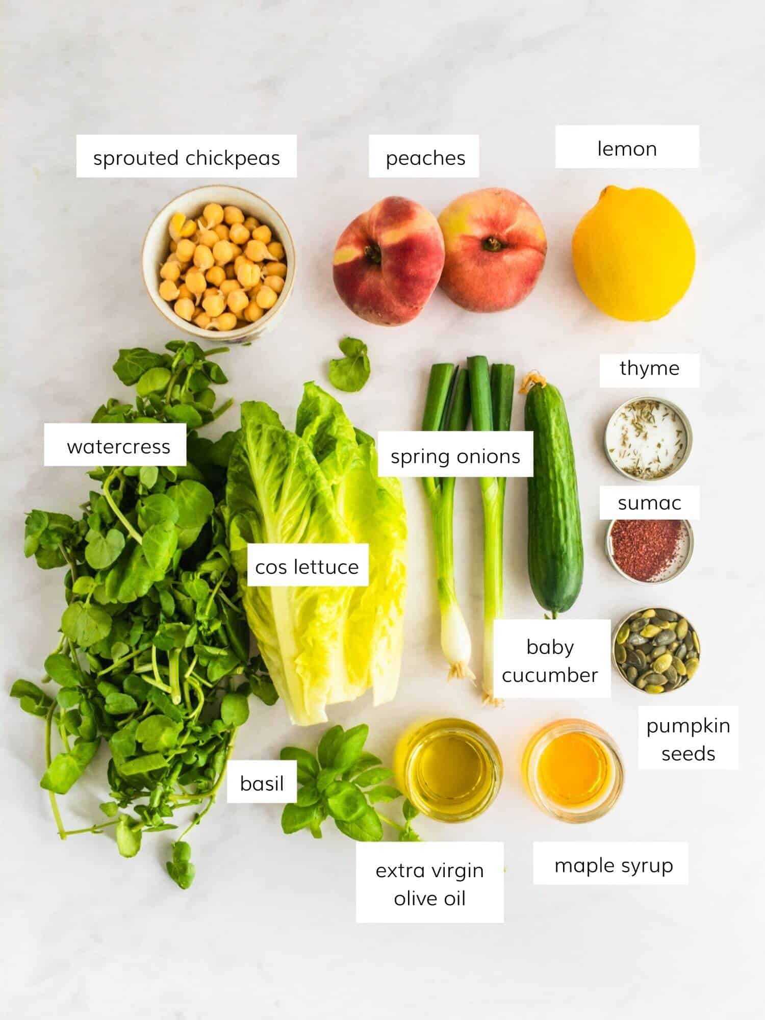 Recipe ingredients for peach and watercress salad.
