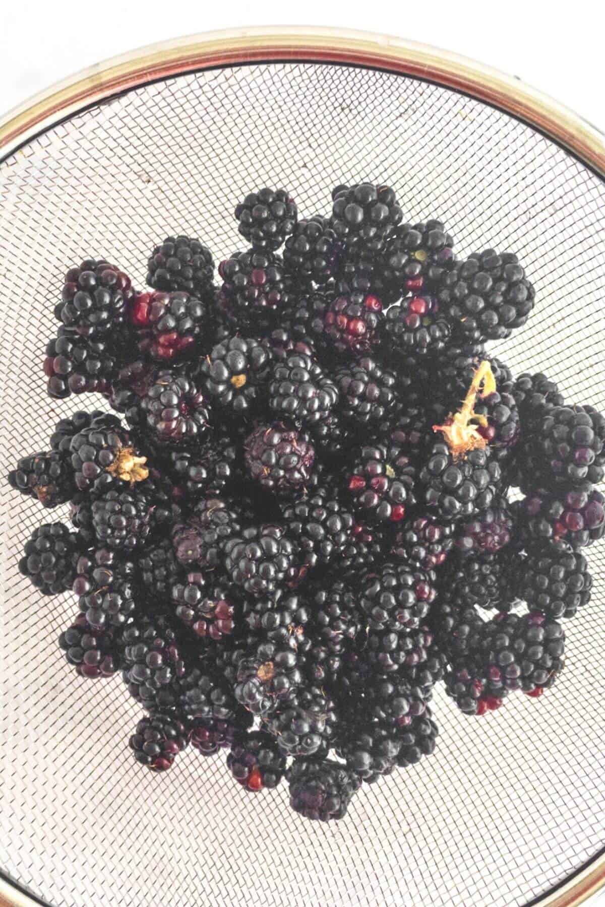 Blackberries are draining in a sieve.