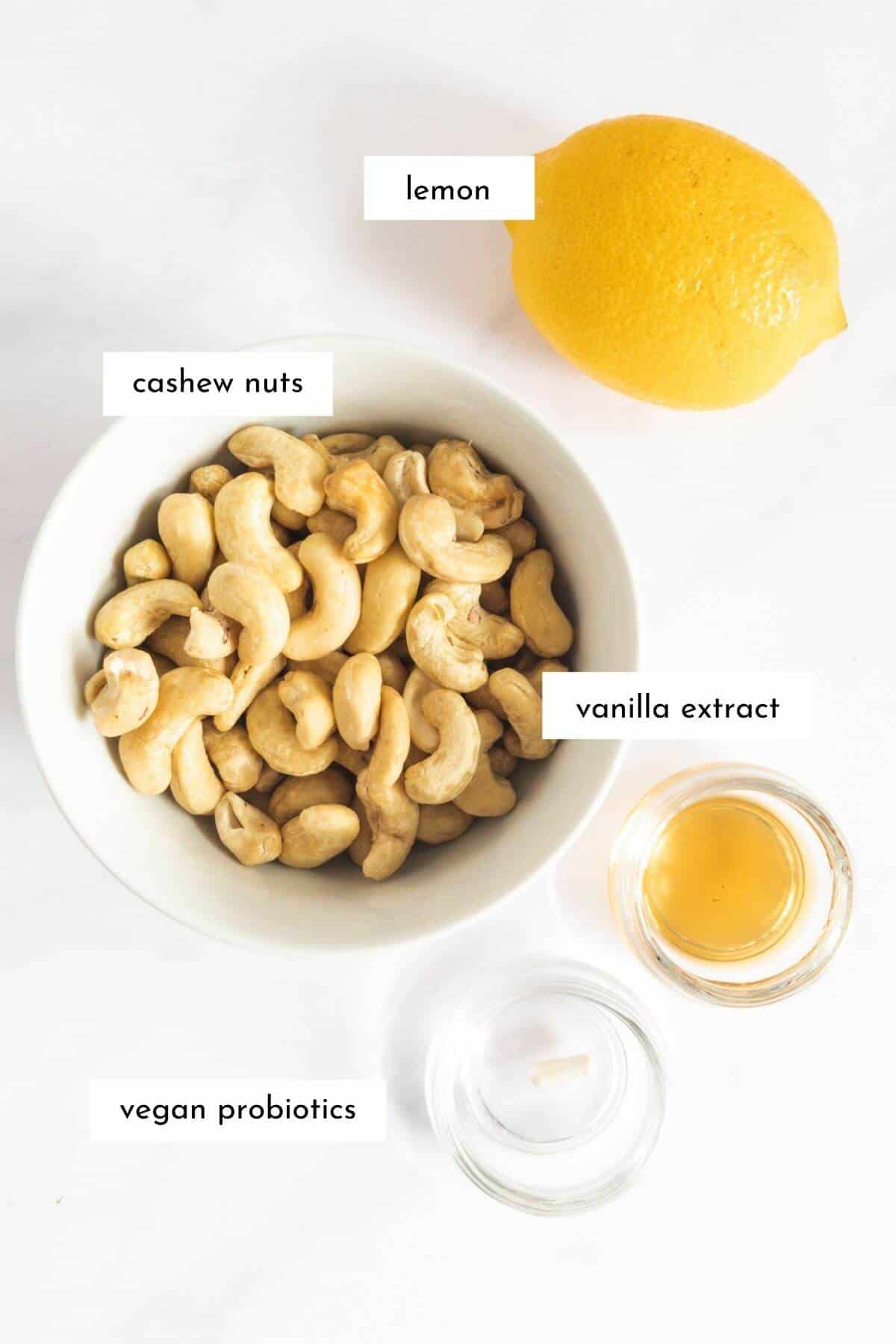 Cashew yogurt recipe ingredients are laid out on a white surface and labelled.
