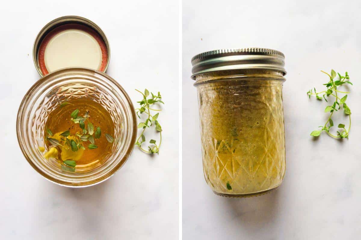 Two photos: open jar with vinaigrette ingredients inside and then a lidded jar containing shaken up vinaigrette and some fresh thyme leaves.