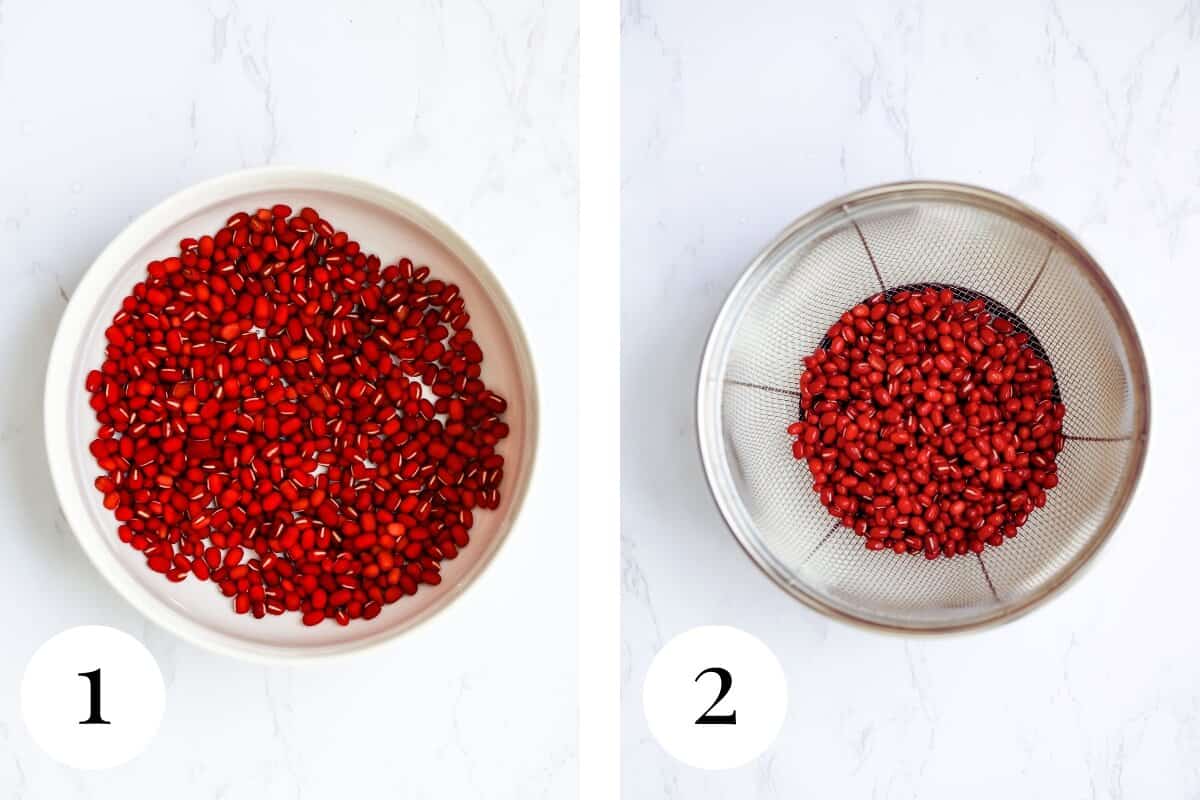 Two photos: a bowl of adzuki beans covered with water, then draining in a metal sieve.