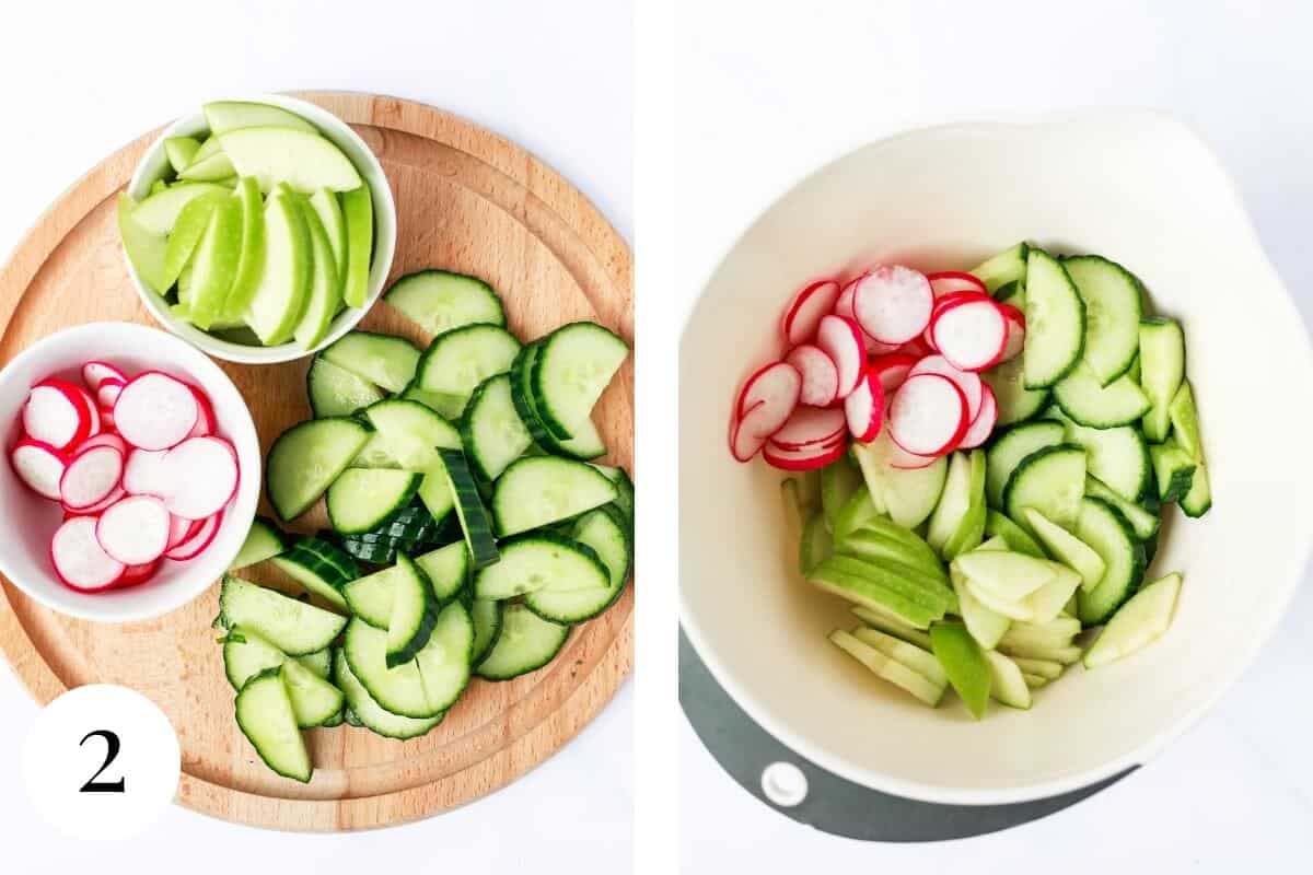 Two photos: apple, cucumber and radish slices on a chopping board then all together in a white bowl.